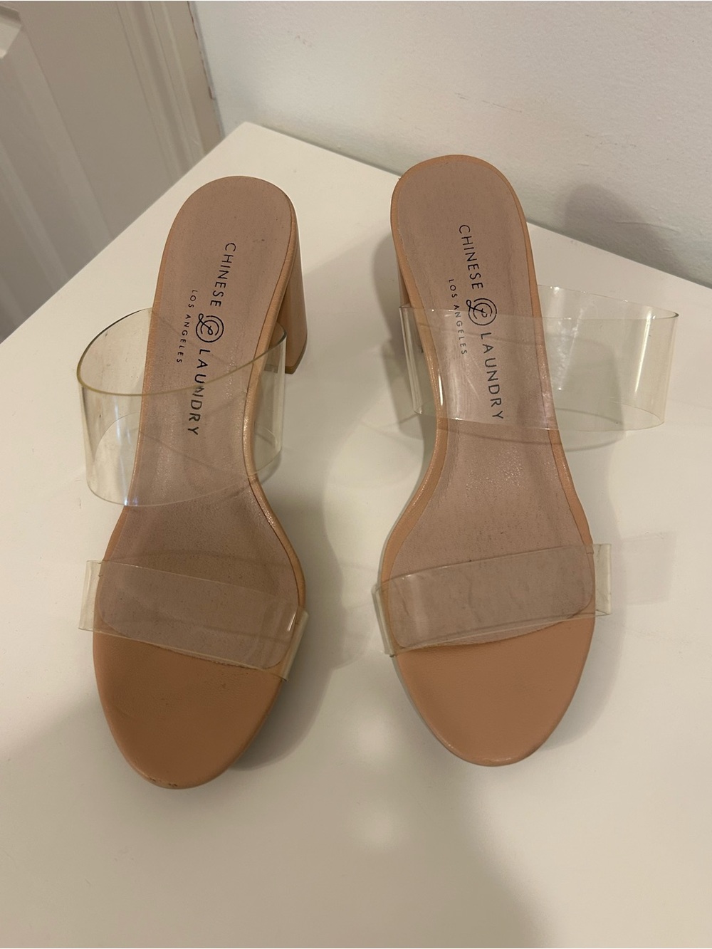 Chinese Laundry Nude Clear Strap Block Heel Mules